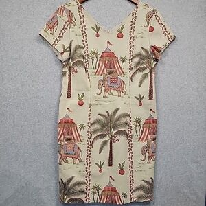 ULTRA DRESS NY Tan Multi Color Sheath Elephant India Palms Print Beaded Sz 12